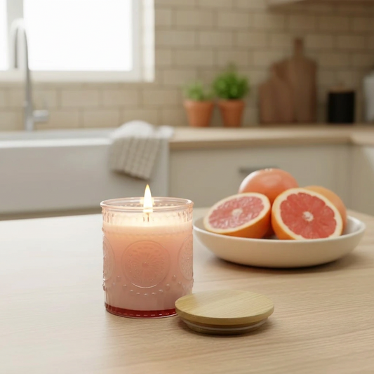 pink embossed flower glass jar with lit candle inside