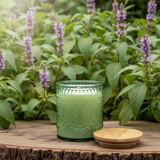 Green candle with wooden lid on a wooden surface in a forest setting