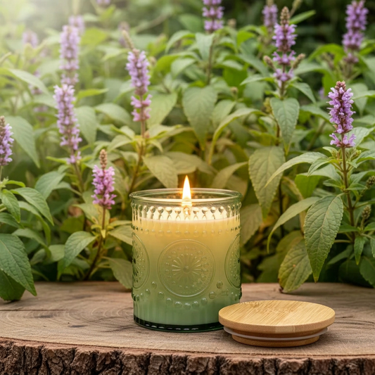Green candle with wooden lid on a wooden surface in a forest setting