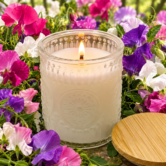 soy candle in a clear embossed glass jar surrounded by sweet peas