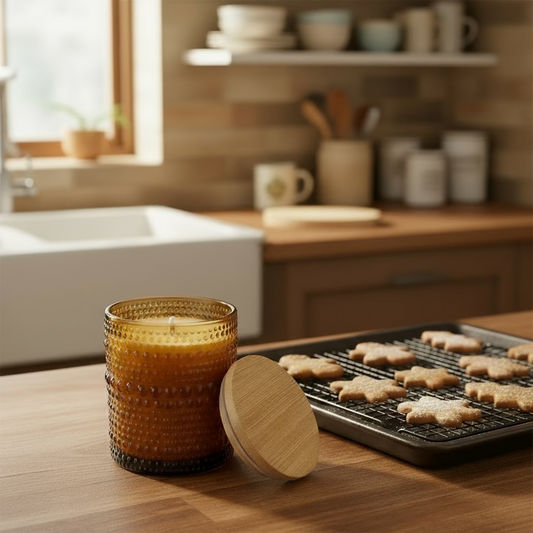 Candle in a textured glass holder on a kitchen counter with baking tray of cookies.